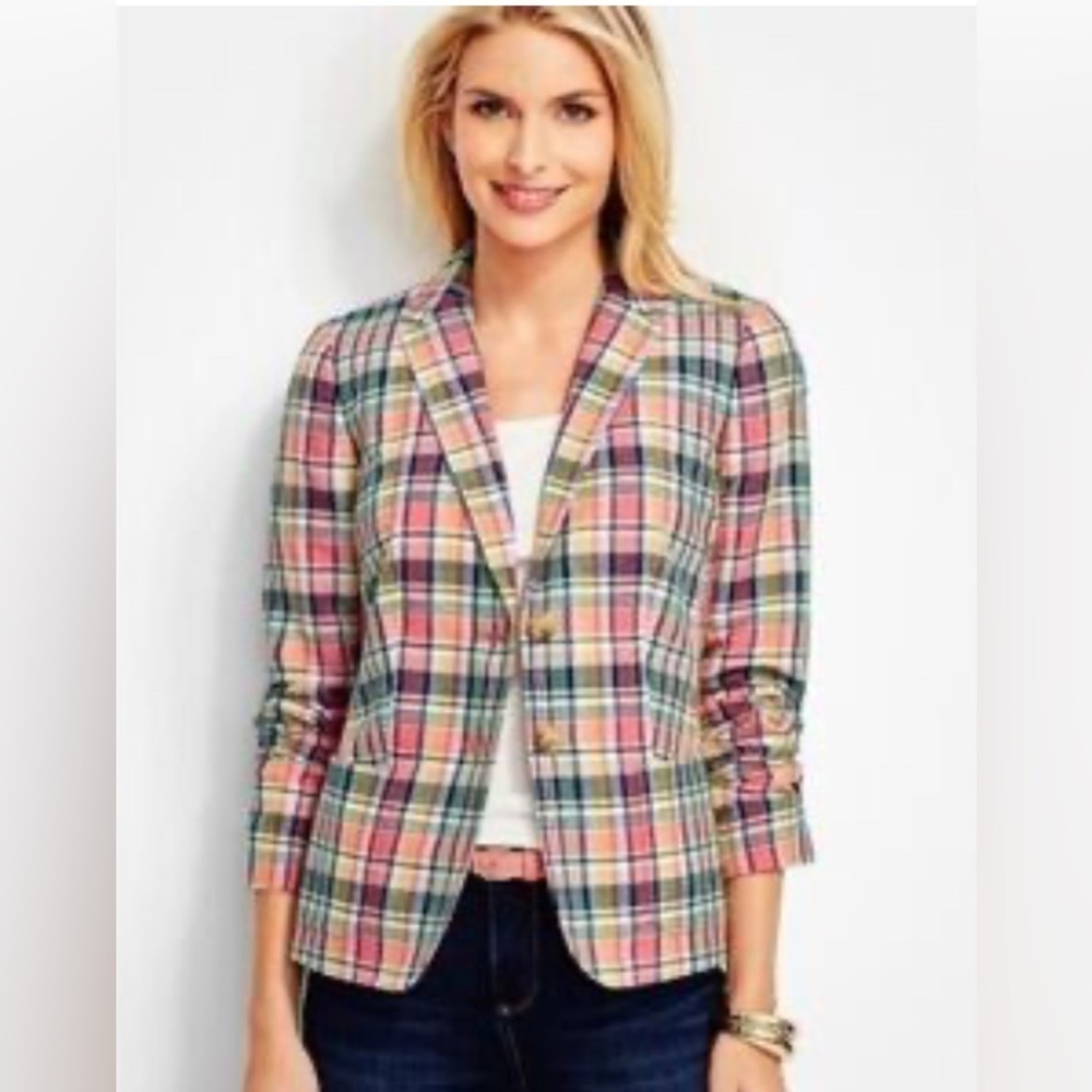 Talbots | New Madras tartan plaid blazer jacket Women size 12P 12 P linen cotton